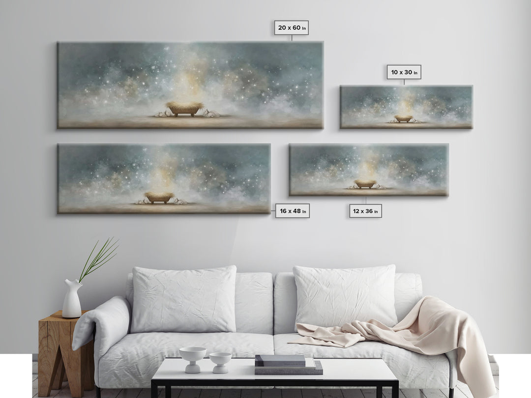 Heavenly Cradle Light, Framed Canvas Print, Panoramic Art, Christian Wall Art, Christmas Art Prints, Christian Art Canvas