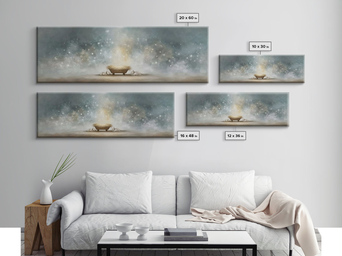Heavenly Cradle Light, Framed Canvas Print, Panoramic Art, Christian Wall Art, Christmas Art Prints, Christian Art Canvas