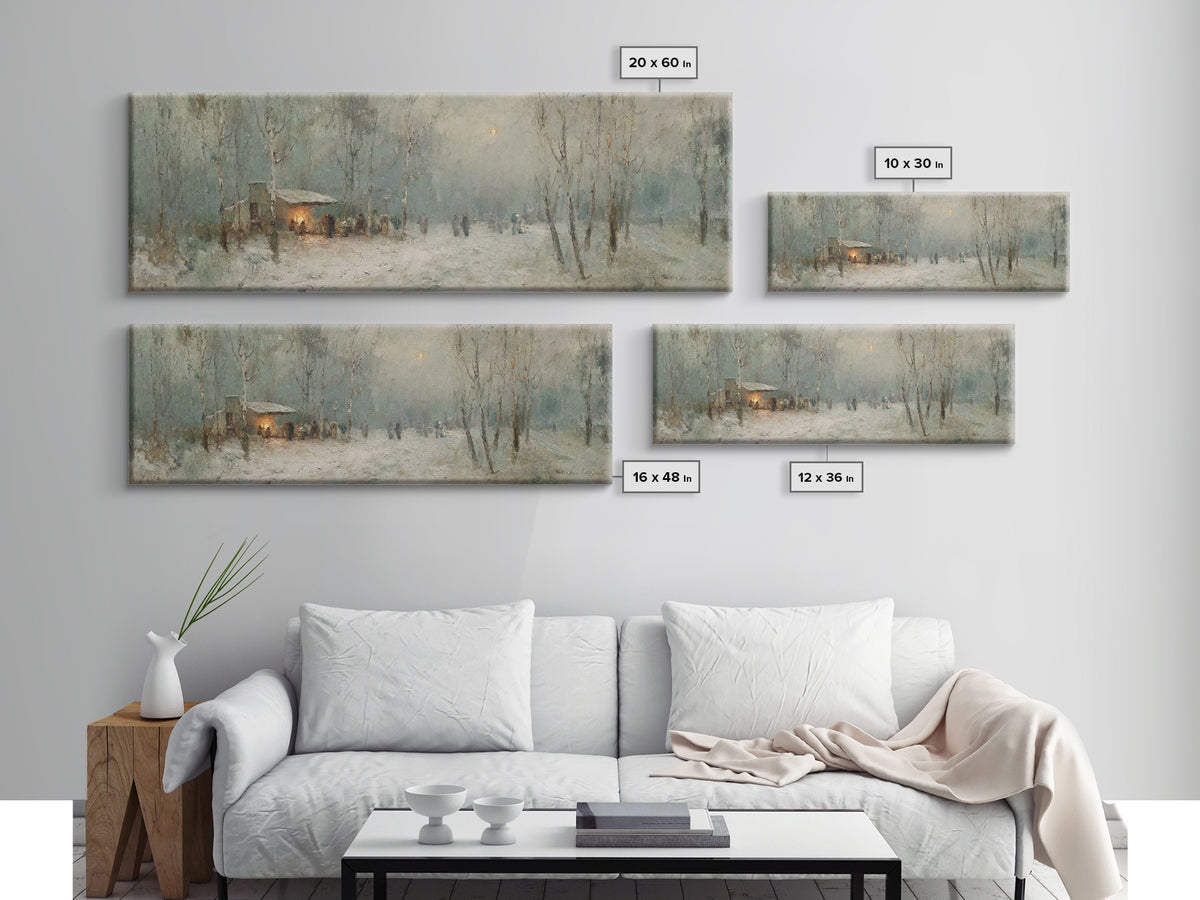 Winter Gathering Glow | Framed Canvas Print | Christian Wall Art | Panoramic Print | Christmas Art | Christian Gift Ideas