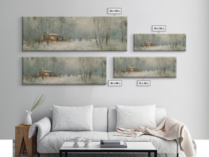 Winter Gathering Glow | Framed Canvas Print | Christian Wall Art | Panoramic Print | Christmas Art | Christian Gift Ideas