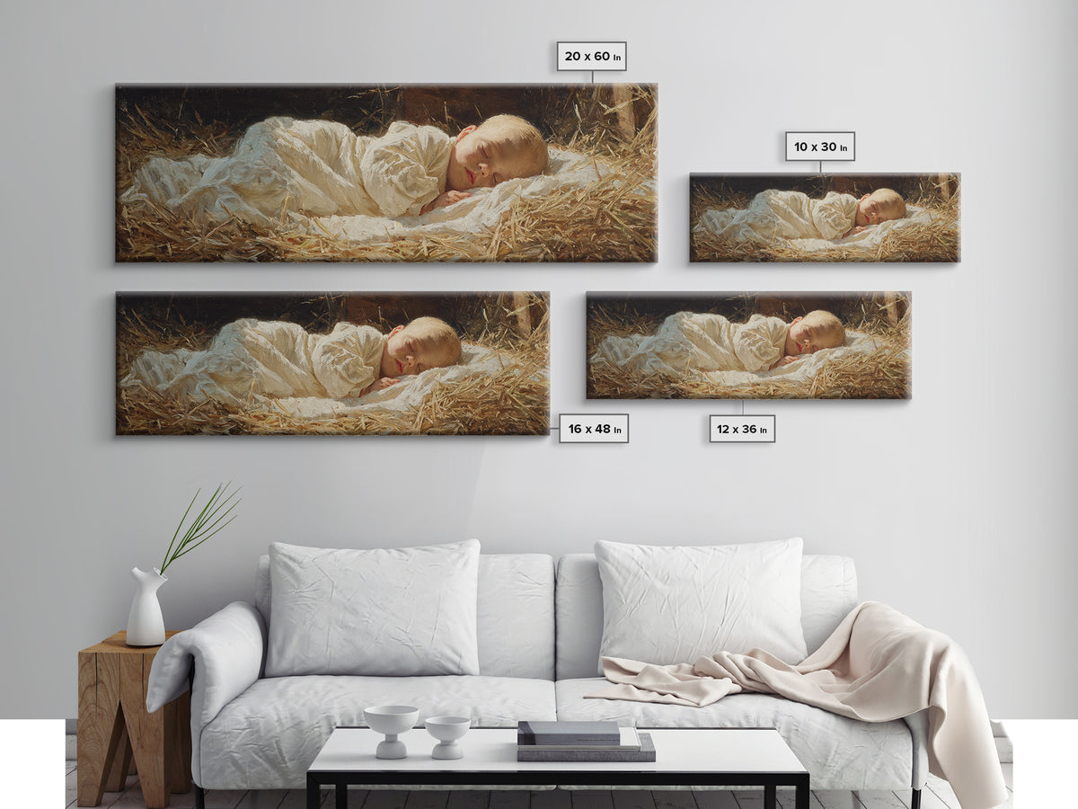 Manger Peace Glow | Framed Canvas Print | Panoramic Painting | Christian Christmas Art | Jesus Art Print | Christmas Wall Art