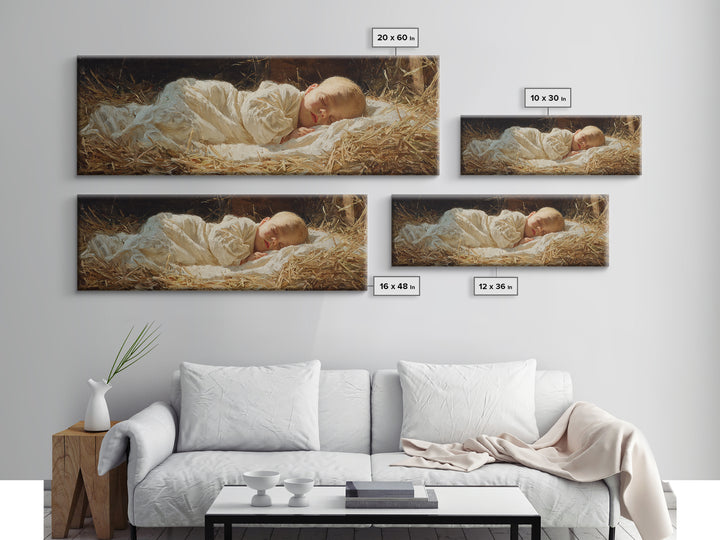 Manger Peace Glow | Framed Canvas Print | Panoramic Painting | Christian Christmas Art | Jesus Art Print | Christmas Wall Art