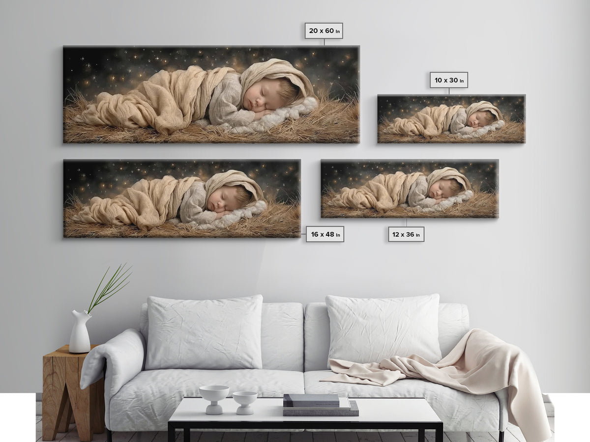 Silent Manger Peace | Framed Canvas Print | Christian Art Canvas | Christmas Wall Art | Jesus Christmas Art | Panoramic Painting | Christia