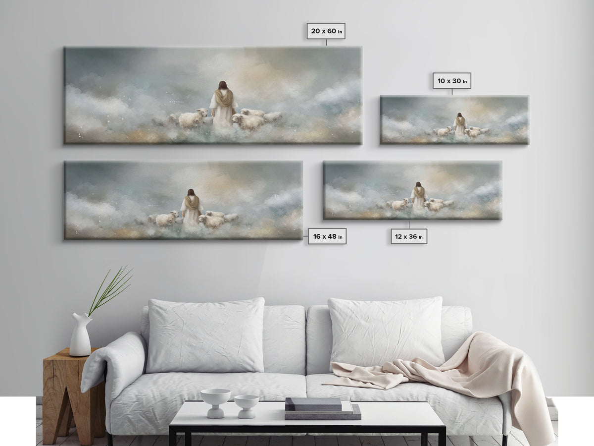 The Gentle Shepherd, Framed Canvas Print, Christian Art Canvas, Jesus Painting, Christian Wall Art, Panoramic Painting, Christian Gift Idea