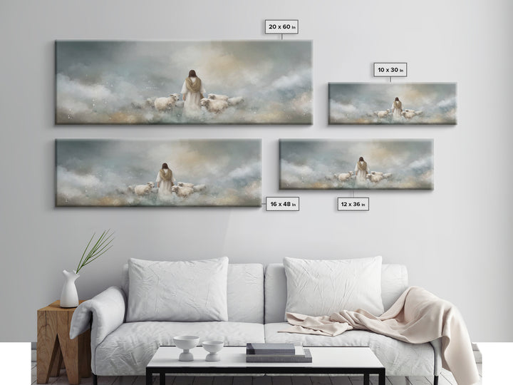 The Gentle Shepherd, Framed Canvas Print, Christian Art Canvas, Jesus Painting, Christian Wall Art, Panoramic Painting, Christian Gift Idea