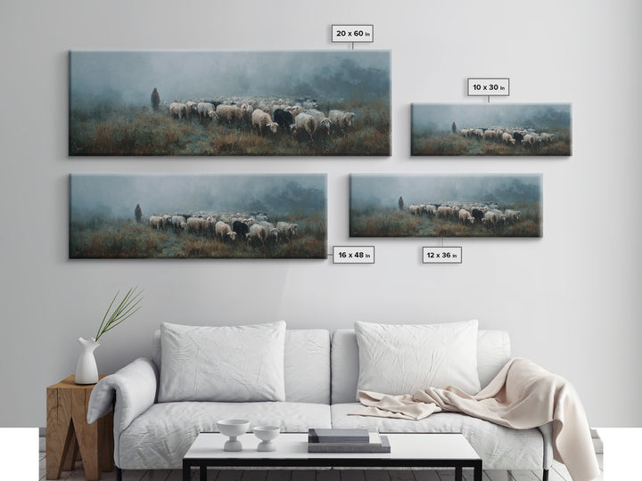 Morning Flock Grace – Framed Canvas Print – Christian Wall Art – Christian Art Canvas – Pastoral Scenery – Panoramic Art – Christian Gift I