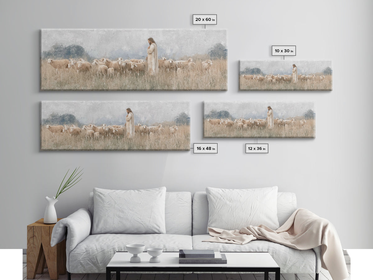 Gentle Shepherd Light | Framed Canvas Print | Panoramic Art | Christian Wall Art | Jesus Painting | Christmas Art