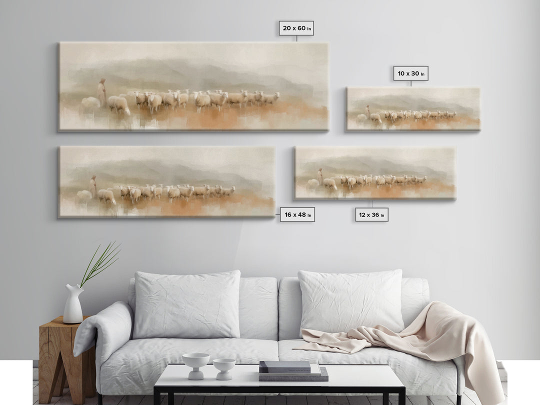 Morning Shepherd Peace, Framed Canvas Print, Panoramic Print, Christian Wall Art, Jesus Painting, Christmas Art