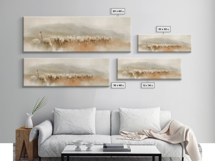 Morning Shepherd Peace, Framed Canvas Print, Panoramic Print, Christian Wall Art, Jesus Painting, Christmas Art