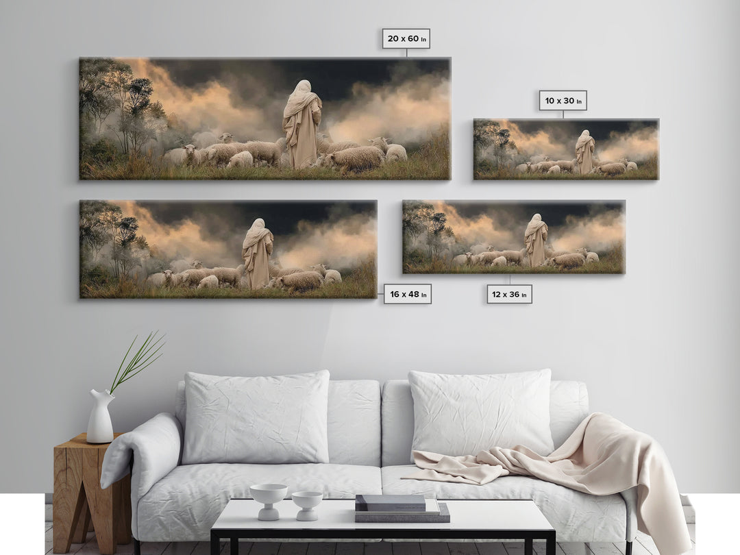 Shepherd’s Calm Dawn – Framed Canvas Print – Panoramic Art – Christian Art – Jesus Painting – Christmas Wall Art