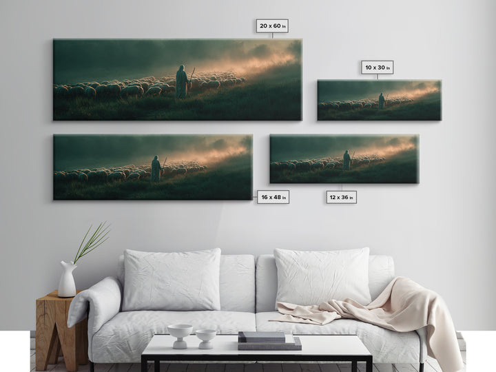 Shepherd’s Gentle Path | Framed Canvas Print | Panoramic Frame | Christian Art | Jesus Painting | Christmas Art