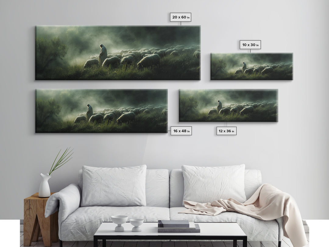 Haven Of The Shepherd, Framed Canvas Print, Panoramic Art, Christian Art Canvas, Jesus Painting, Christmas Decor
