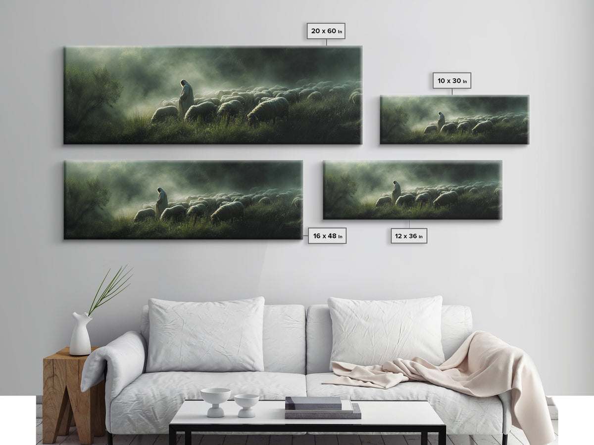 Haven Of The Shepherd, Framed Canvas Print, Panoramic Art, Christian Art Canvas, Jesus Painting, Christmas Decor