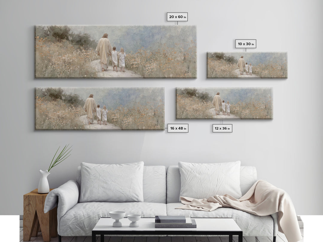 Quiet Meadow Journey, Framed Canvas Print, Panoramic Wall Art, Christian Art Print, Jesus Painting, Christian Art