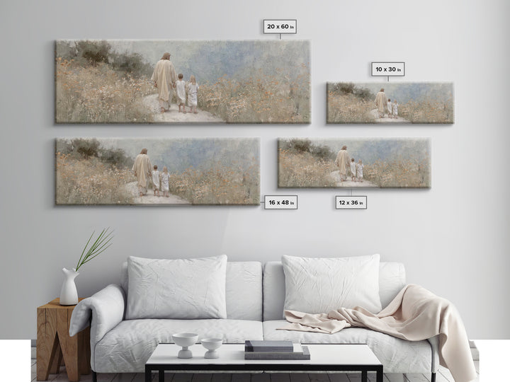 Quiet Meadow Journey, Framed Canvas Print, Panoramic Wall Art, Christian Art Print, Jesus Painting, Christian Art
