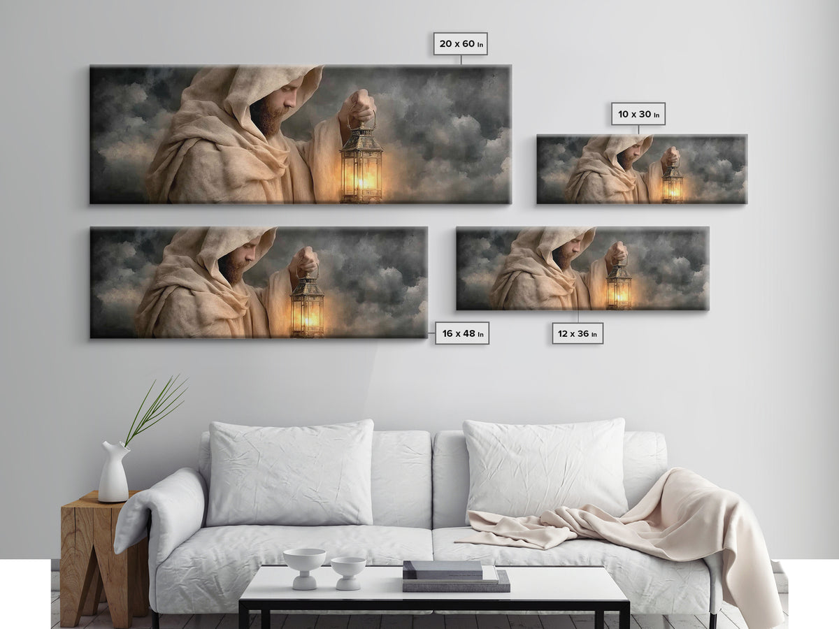 Sacred Lantern Light – Framed Canvas Print – Christian Wall Art – Panoramic Painting – Jesus Painting – Christian Art Canvas – Christian De