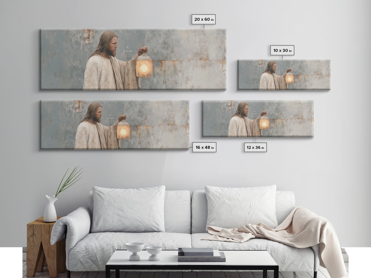 Guiding Lantern Light – Framed Canvas Print – Panoramic Art – Christian Wall Art – Jesus Painting – Christian Art Canvas – Christian Decor