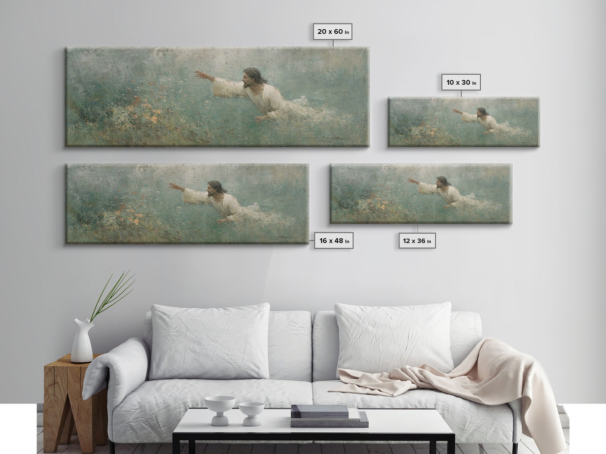Redeeming Reach, Framed Canvas Print, Jesus Painting, Panoramic Wall Art, Christian Art Canvas, Christian Wall Art, Christian Gift Ideas