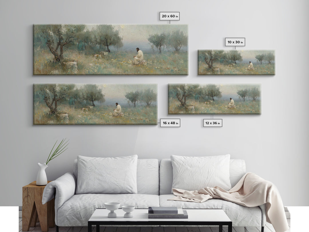 Olive Grove Light – Framed Canvas Print – Jesus Painting – Panoramic Print – Christian Art Canvas – Christian Wall Art – Moody Christian Ar
