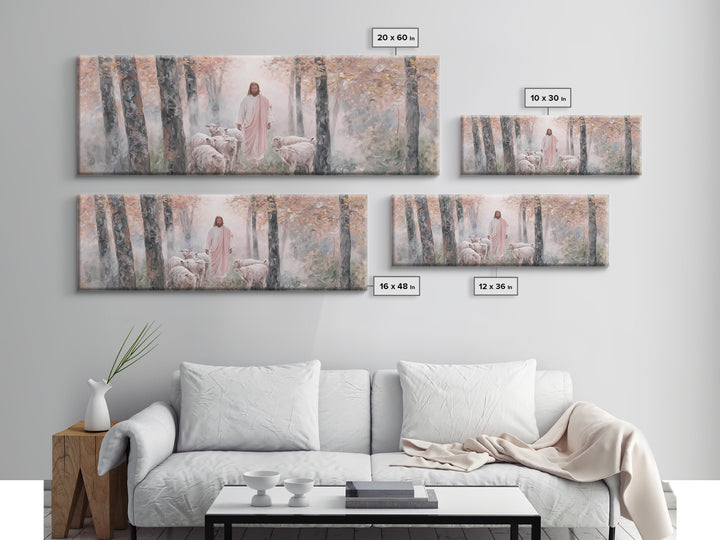Mist Of The Flock, Framed Canvas Print, Christian Art, Jesus Painting, Panoramic Art, Christian Decor, Christian Gift, Large Christian Art,