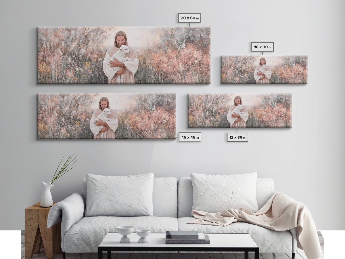 Compassionate Shepherd, Framed Canvas Print, Panoramic Print, Jesus Canvas Art, Christian Wall Art, Christmas Art Prints, Modern Christian