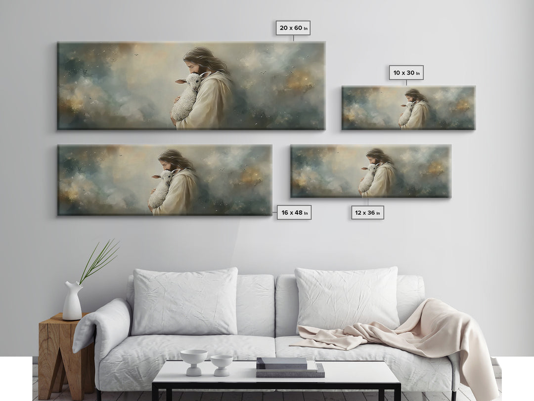Heaven’s Gentle Care, Framed Canvas Print, Panoramic Painting, Jesus Canvas Art, Christian Wall Art, Christmas Art Prints, Subtle Christian