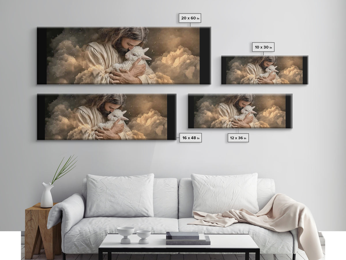 Sacred Lamb Embrace – Framed Canvas Print – Panoramic Frame – Christian Art Canvas – Jesus Wall Art – Christmas Art Work – Christian Gift I