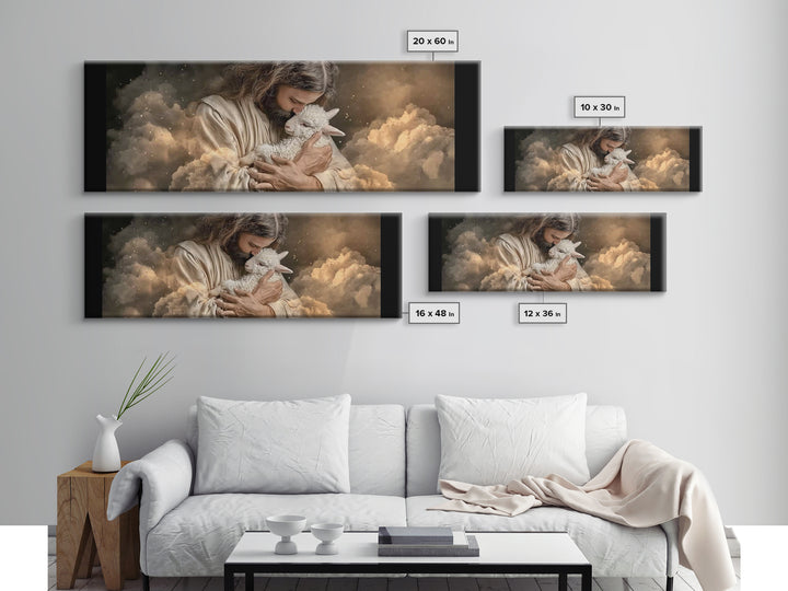 Sacred Lamb Embrace – Framed Canvas Print – Panoramic Frame – Christian Art Canvas – Jesus Wall Art – Christmas Art Work – Christian Gift I