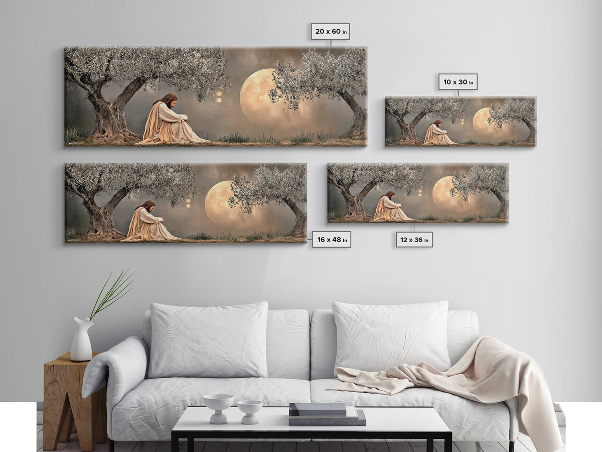 Moonlit Garden Prayer, Framed Canvas Print, Panoramic Painting, Jesus Painting Canvas, Christian Art Canvas, Christian Wall Art, Christmas
