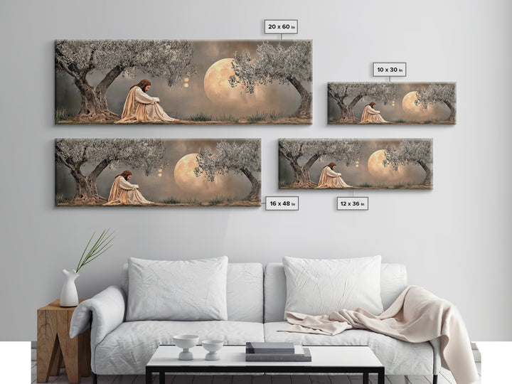 Moonlit Garden Prayer, Framed Canvas Print, Panoramic Painting, Jesus Painting Canvas, Christian Art Canvas, Christian Wall Art, Christmas