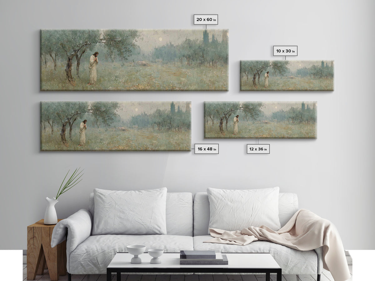 Olive Grove Prayer, Framed Canvas Print, Panoramic Wall Art, Christian Art Canvas, Jesus Painting, Christian Wall Art, Christian Christmas