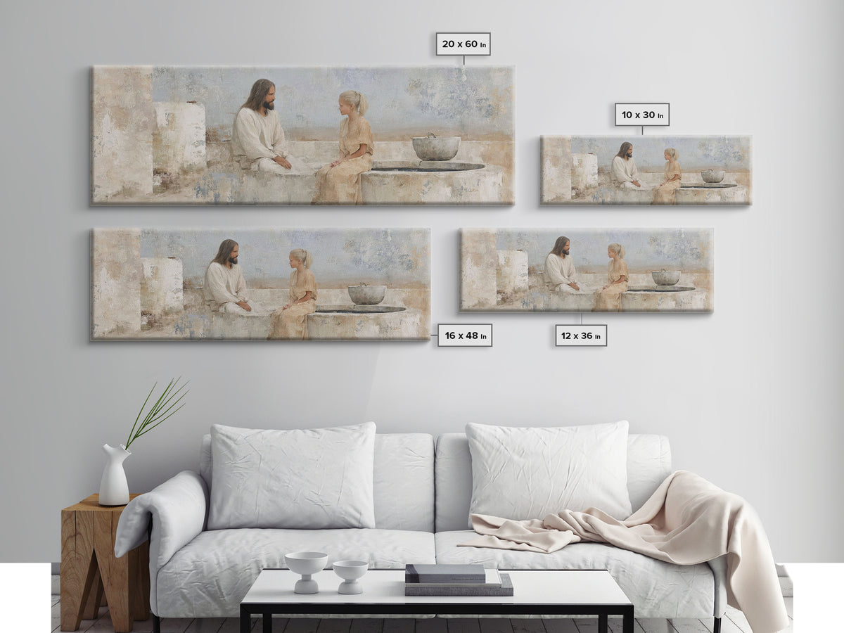 Quiet Well Encounter | Framed Canvas Print | Christian Art Canvas | Jesus Painting | Panoramic Painting | Christian Wall Art | Christian Gi