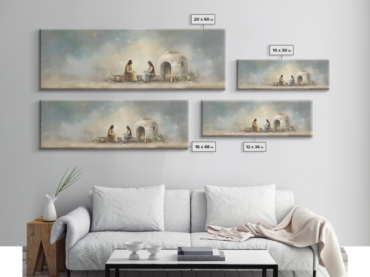 Morning At The Well, Framed Canvas Print, Christian Wall Art, Panoramic Art, Jesus Painting, Christian Decor, Christian Art Print