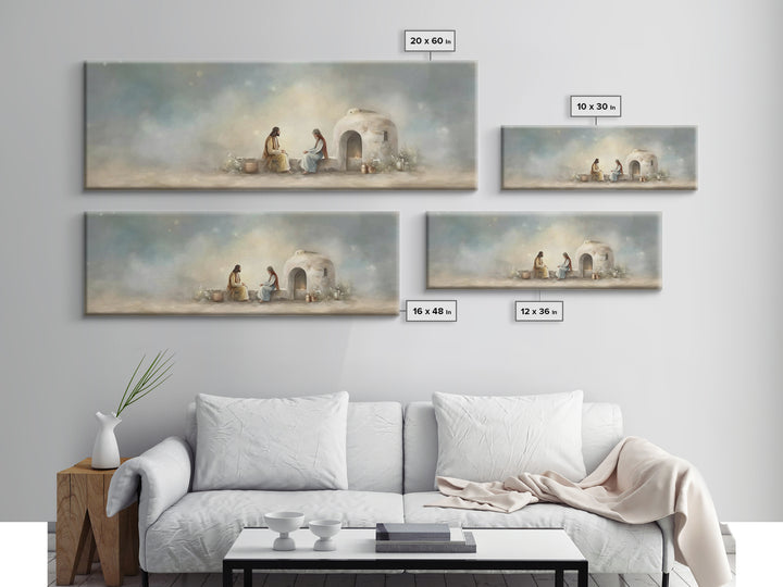 Morning At The Well, Framed Canvas Print, Christian Wall Art, Panoramic Art, Jesus Painting, Christian Decor, Christian Art Print
