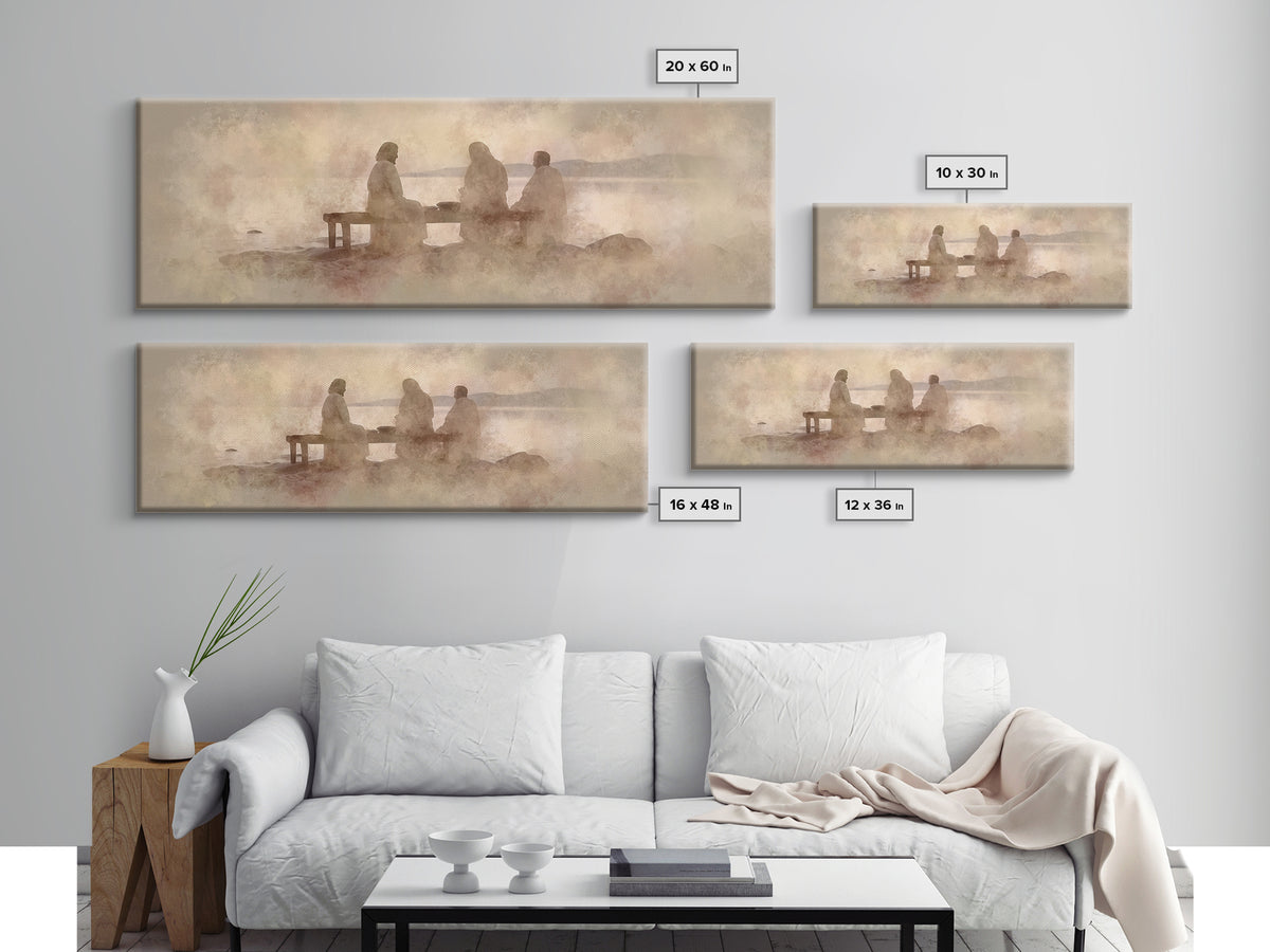Shoreline Communion, Framed Canvas Print, Christian Wall Art, Christian Art Canvas, Panoramic Art, Jesus Painting, Christian Gift