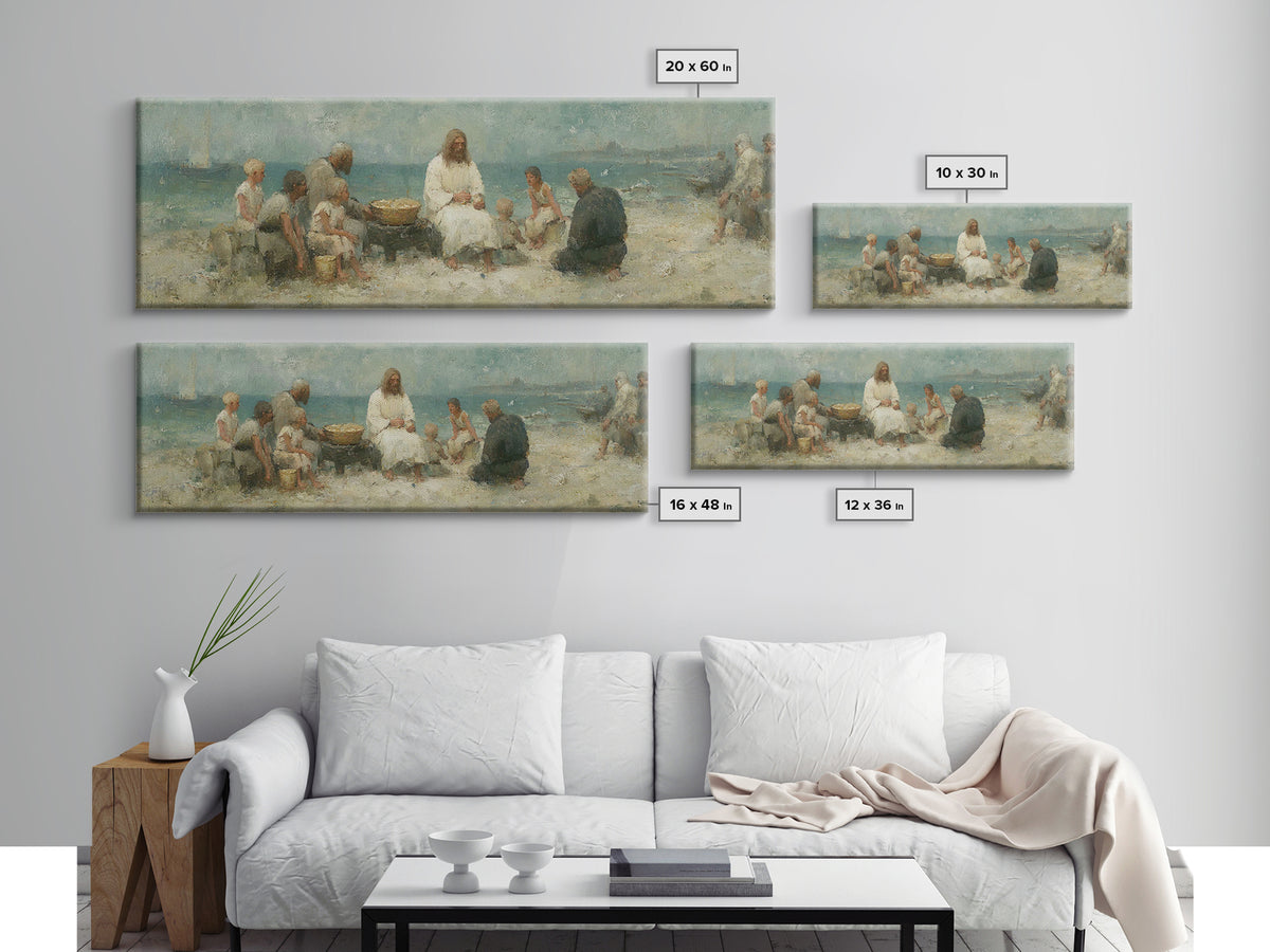 Lakeside Bread Sharing, Framed Canvas Print, Christian Art Canvas, Panoramic Wall Art, Christian Decor, Jesus Painting, Christian Wall Art