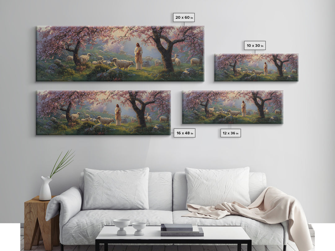 Shepherd Blossom Light, Framed Canvas Print, Panoramic Wall Art, Christian Art Canvas, Jesus Painting, Christian Art, Christian Gift