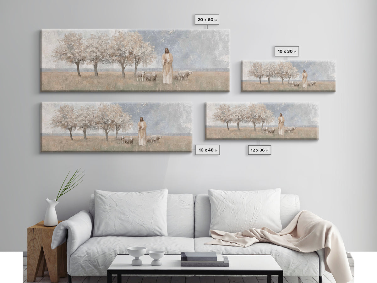 Gentle Meadow Guide | Framed Canvas Print | Christian Art Canvas | Panoramic Frame | Christian Wall Art | Jesus Painting | Christian Gift