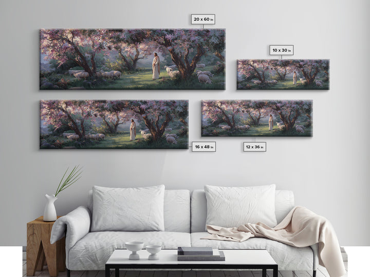 Garden Of The Shepherd, Framed Canvas Print, Panoramic Art, Christian Wall Art, Christian Art Canvas, Jesus Painting, Christian Gift