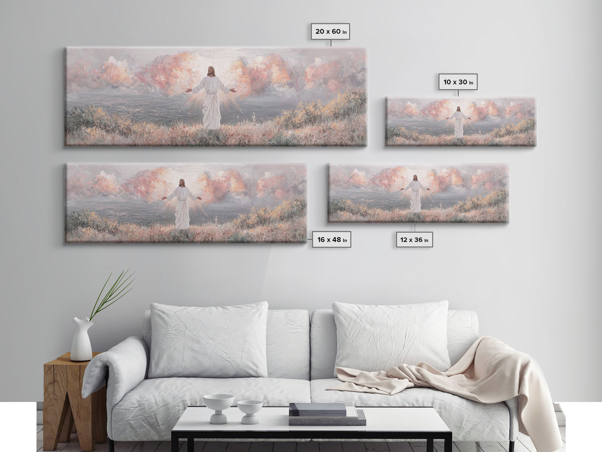 Radiant Dawn Blessing, Framed Canvas Print, Christian Wall Art, Jesus Painting, Panoramic Wall Art, Christian Art Canvas, Christmas Art Pri