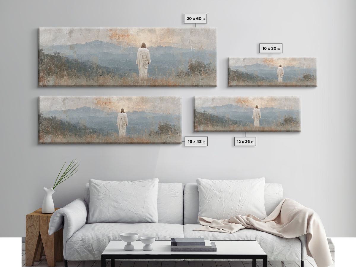 Quiet Mountain Mercy, Framed Canvas Print, Christian Wall Art, Jesus Painting, Panoramic Art, Christian Art Canvas, Christian Christmas Art