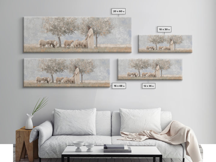 Olive Grove Shepherd, Framed Canvas Print, Panoramic Wall Art, Christian Art Canvas, Jesus Painting, Christian Decor, Christian Art