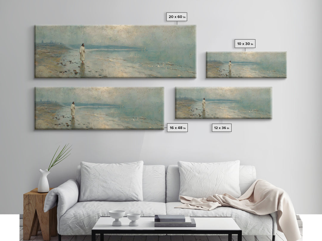 Shoreline Of Mercy, Framed Canvas Print, Christian Wall Art, Jesus Painting, Panoramic Wall Art, Christian Art Canvas, Christmas Art