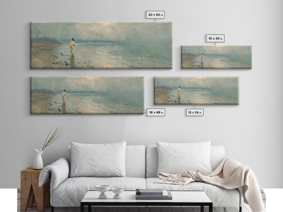 Shoreline Of Mercy, Framed Canvas Print, Christian Wall Art, Jesus Painting, Panoramic Wall Art, Christian Art Canvas, Christmas Art