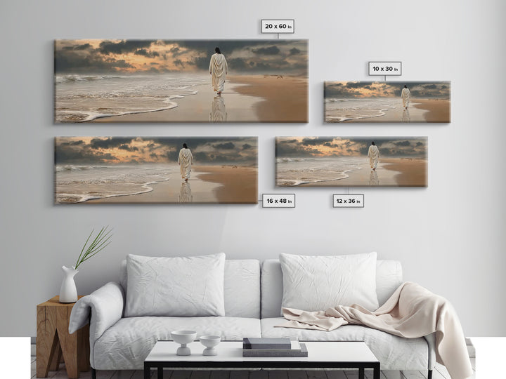 Twilight Footsteps, Framed Canvas Print, Christian Wall Art, Panoramic Painting, Jesus Painting, Christian Art Canvas, Christmas Art