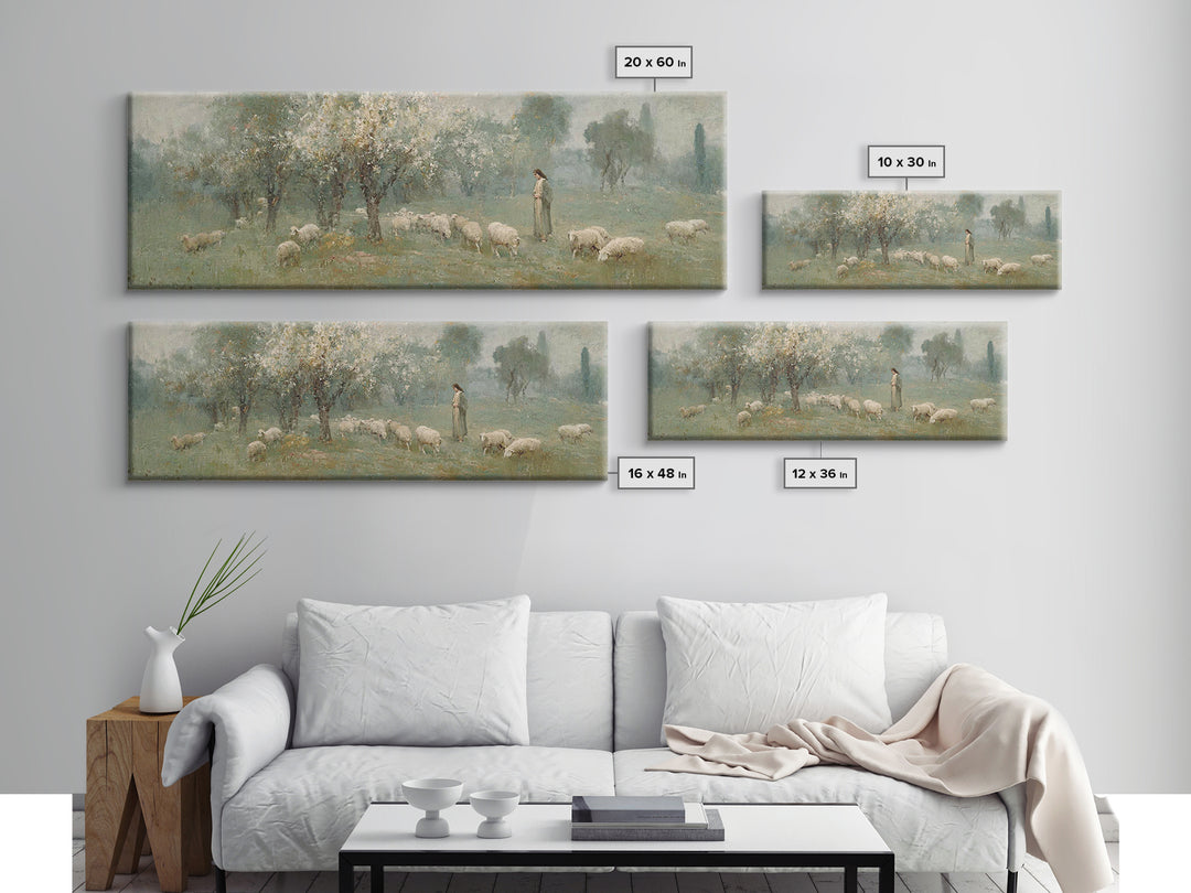 Shepherd’s Meadow Peace – Framed Canvas Print – Panoramic Art – Christian Art Canvas – Jesus Painting – Christian Wall Art – Christmas Art