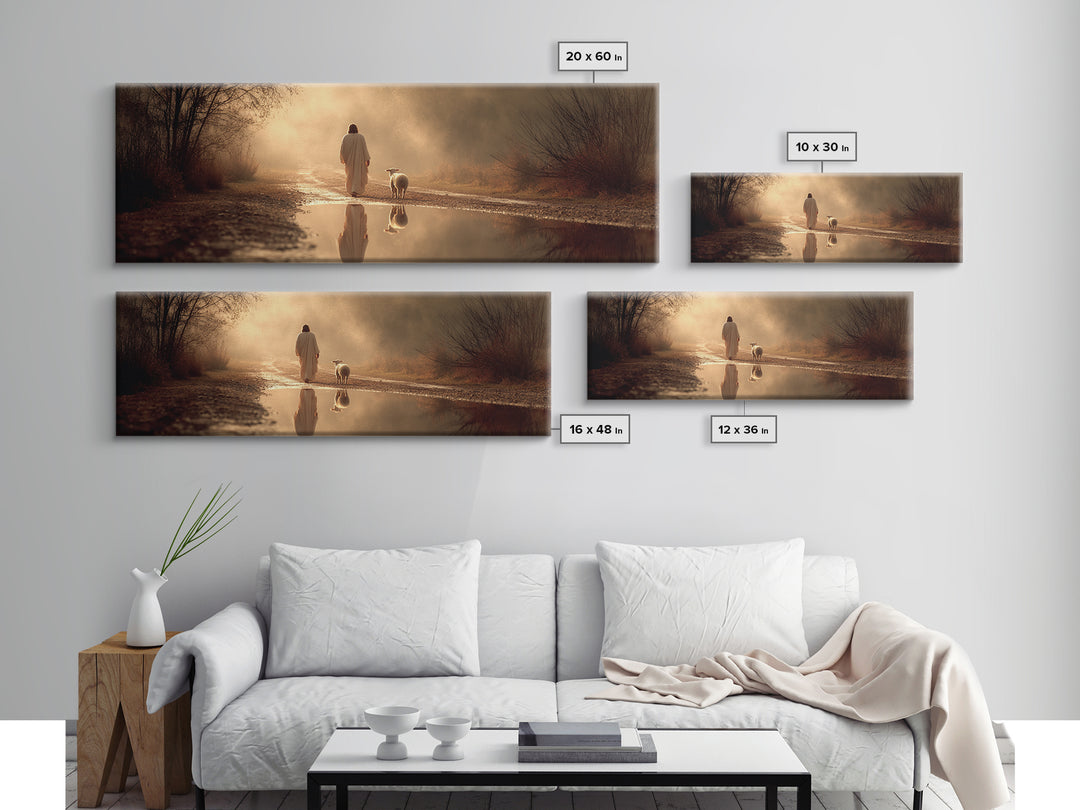 Golden Hour Shepherd, Framed Canvas Print, Christian Art Canvas, Panoramic Wall Art, Jesus Painting, Christian Christmas Art, Christian Gif