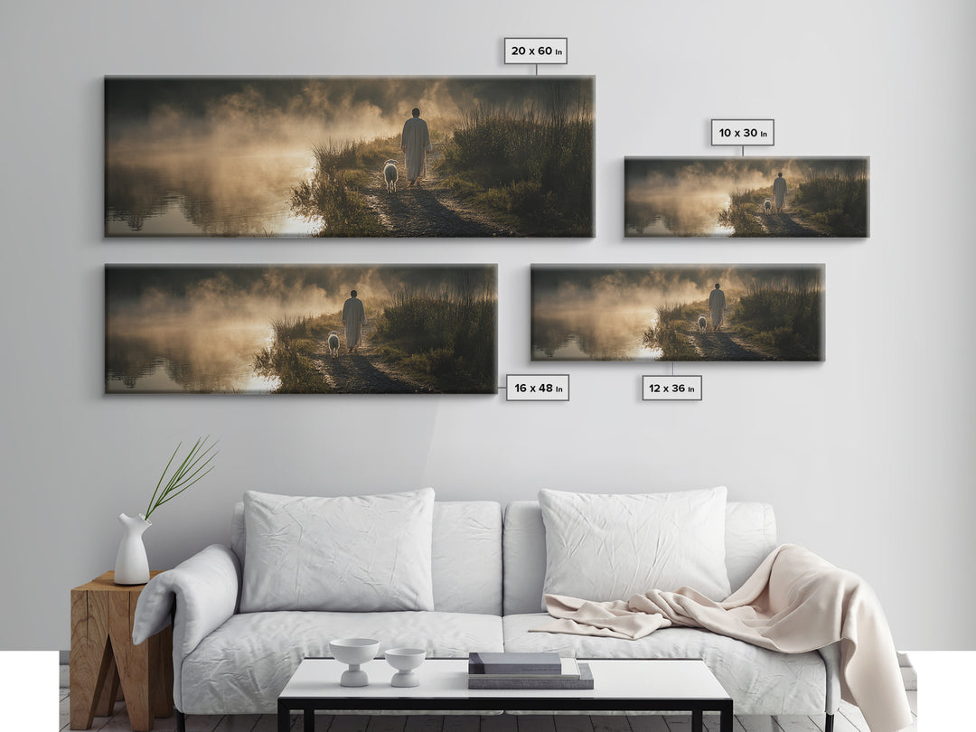 Morning Shore Peace | Framed Canvas Print | Christian Wall Art | Panoramic Print | Jesus Art Canvas | Christmas Art | Christian Art Gift