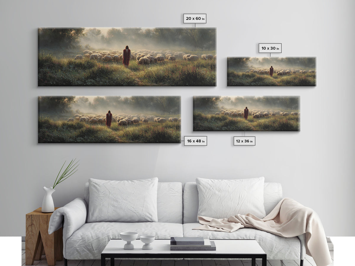 Morning Shepherd Light, Framed Canvas Print, Panoramic Wall Art, Christian Art Print, Large Jesus Painting, Christian Canvas Art, Subtle Ch