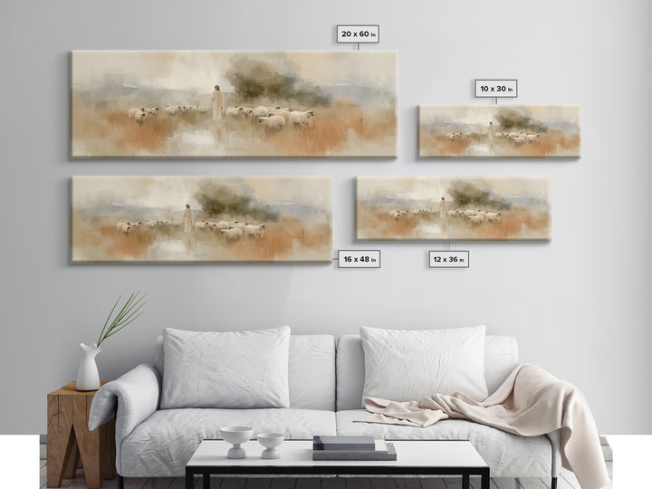 Eternal Shepherd Calm, Framed Canvas Print, Panoramic Print, Christian Art Print, Jesus Painting Canvas, Christian Christmas Art, Large Chr